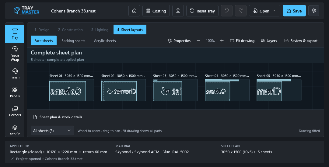 Cohens — face sheet layout — The saved Cohens design in the current face-sheet workspace.