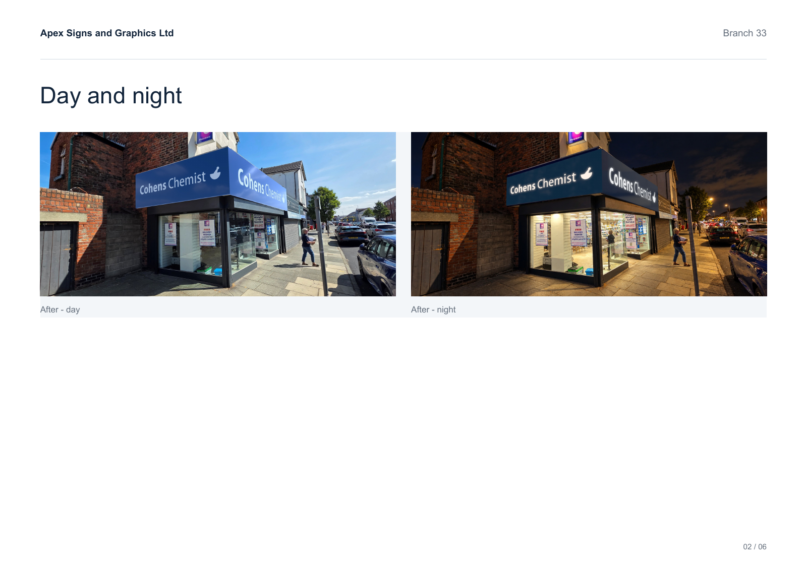 Cohens — the report comparison — The Day and night page from the native Cohens PDF, showing both fascia legs in saved corner-view proposals. Completed-installation photos are shown separately.